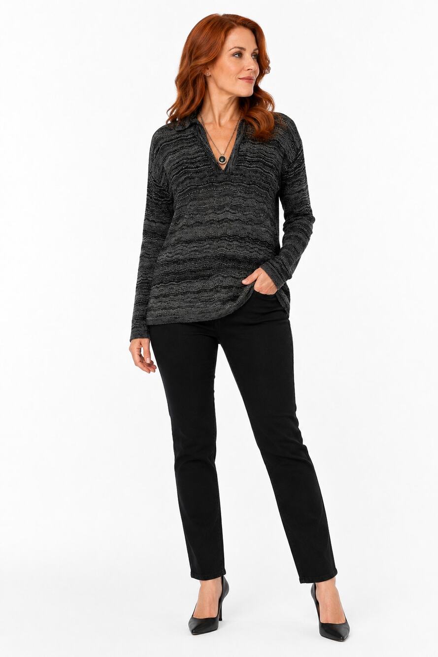 CC164 Venezia 26 28W Black Gray Marled V Neck Sweater Made in USA